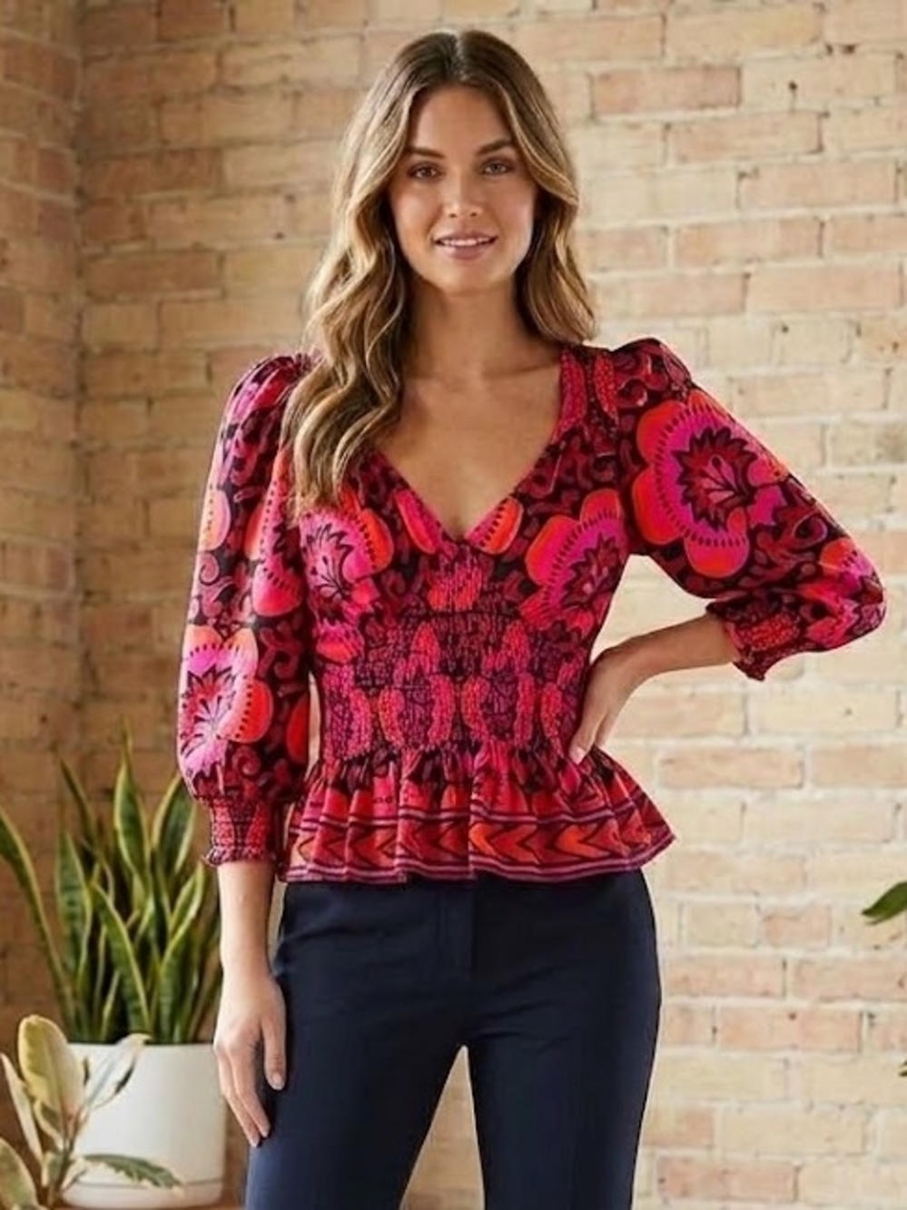 House of Harlow 1960 Red and Pink Floral Smocked Peplum Top